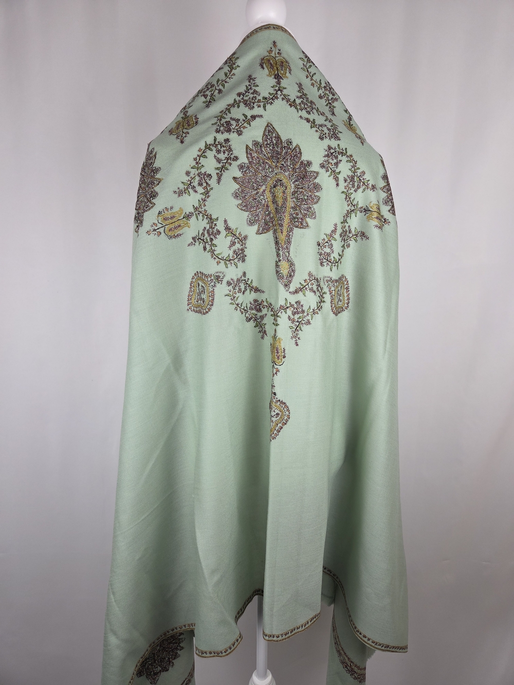 Kashmiri Sozni Hand-Embroidered Pashmina Shawl – Sage Green Floral Wrap - Picture 8 of 11